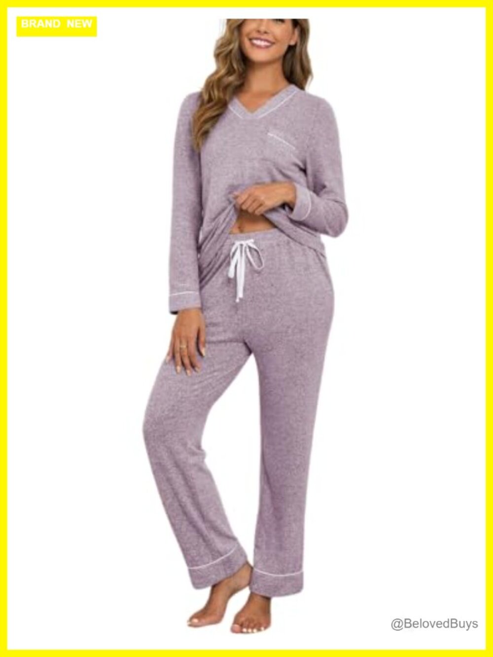 Womens 2 Piece Pajama Set Long Sleeve V-Neck Polyester Sleepwear Loungewear